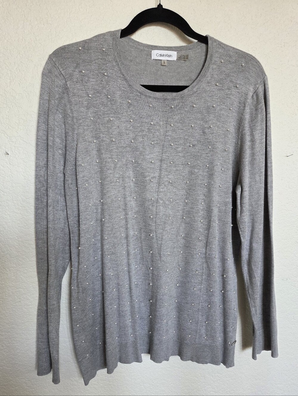 Calvin Klein Gray Pearl-Embellished Sweater